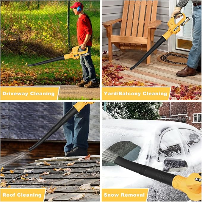 Leaf Blower Cordless - 21V Electric Cordless Leaf Blower with 2 Batteries and Charger, 2 Speed Mode, 2.0Ah Lightweight Battery Powered Leaf Blowers for Lawn Care, Patio, Blowing Leaves Lemon Yellow