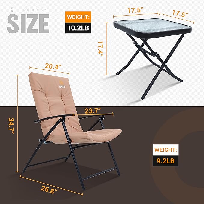 Nice C Outdoor Dining Sets, Patio Furniture Set, 8 Piece Set with Umbrella, Garden Outdoor Furniture Table Set with Tilted Removable Umbrella, Glass Table, and 6 Folding Chairs (Nude-3 Piece)