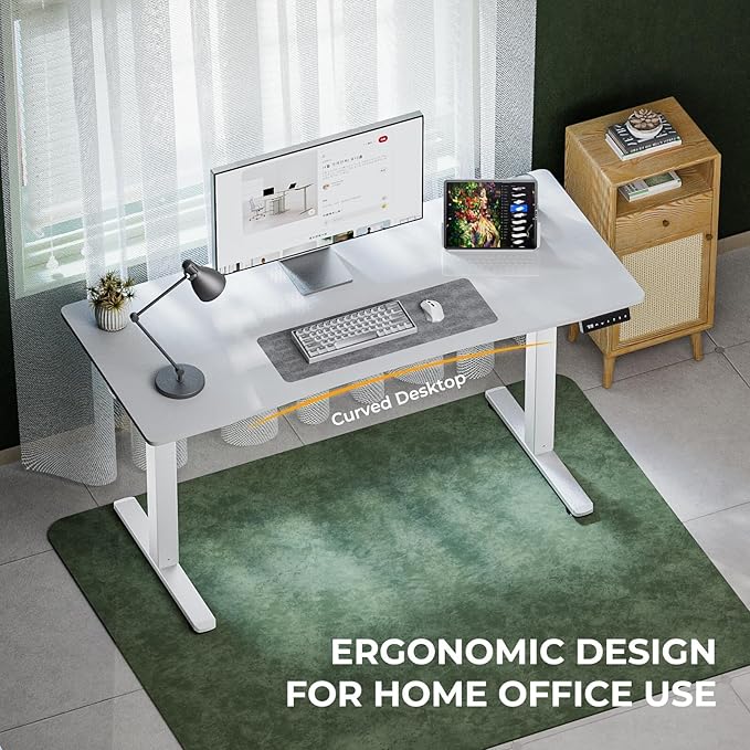 Electric Standing Desk,Adjustable Height Desk With Curved Desktop, Stand Up Desk With 2 Metal Hooks & Cable Organizer Box, Powerful Motor For Fast Switch From Sit To Stand Position 55x24 White