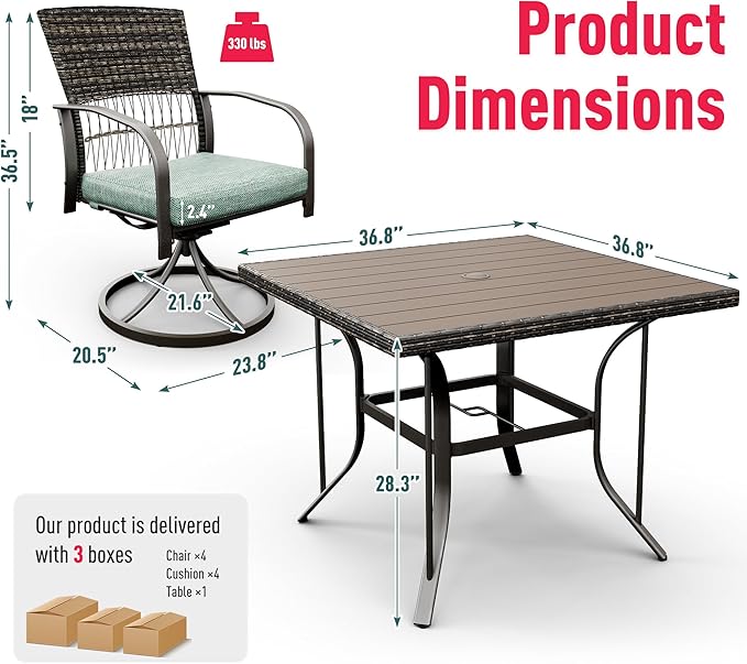 Pamapic 5 Piece Patio Dining Set for 4,Outdoor Wicker Furniture Set for Backyard Garden Deck Poolside with 4 Cushions Swivel Rocker Chairs,Square Plastic-Wood Table Top, Removable Cushions(Green)