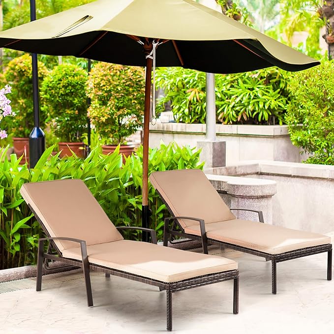Pamapic 8512 Pieces, Chaise Thickened Cushion, PE Rattan Steel Frame Pool Lounge Chair Set for Patio Backyard Porch Garden Poolside, 2 PCS, Beige