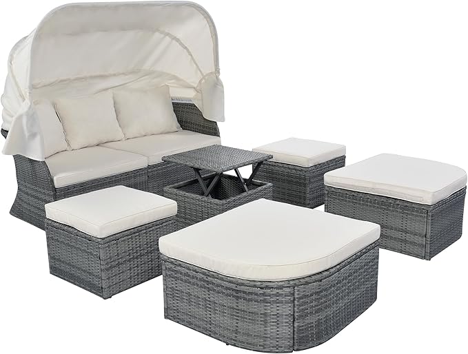 Rectangle Furniture Daybed Sunbed with Retractable Canopy, Outdoor Wicker Conversation Set with Cushions for Patio, Backyard, Porch, Garden, Hb-Beige