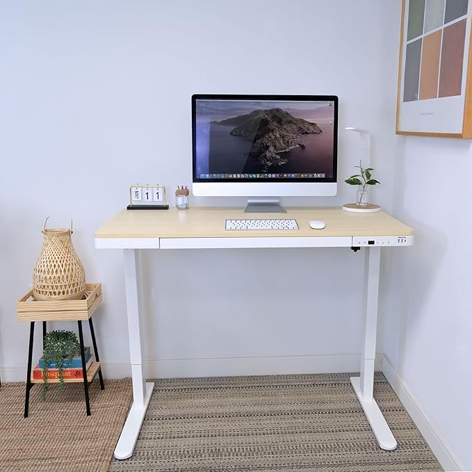 Mount-It! 47.2" Wide x 28.3" Deep Electric Height Adjustable Desk, Ergonomic Standing Workspace, Height Adjustment up to 46.5" Tall, Large Desktop, USB Ports, Drawer, Home Office, White, Maple Top