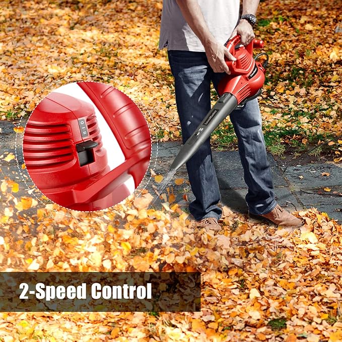 LawnMaster Red Edition BV1210 1201 Electric Blower Vacuum Mulcher 12 Amp 2-Speed Adjustment with Metal Impeller 240 MPH 380 CFM 14:1 Mulch Ratio