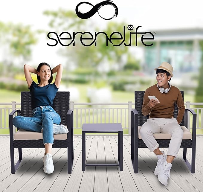 SereneLife Patio Outdoor Furniture, 3 Pcs. Per Set-includes 2 Single Chairs with Soft Cushion and 1 Glass-top Coffee Table, Black Weather-Resistant Resin Wicker Rattan, Brown