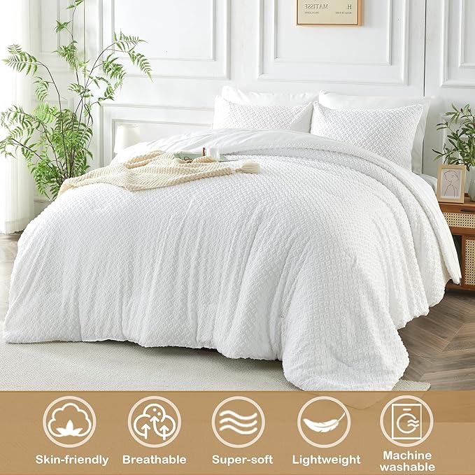 Twin Size Kids Comforter Set 6 Piece White Tufted Bedding Set for Boys Girls Jacquard Tufts Embroidery Bed in A Bag Quilt with 1 Comforter, 1 Flat Sheet, 1 Fitted Sheet, 1 Pillowcase and 2 Pillow Sham