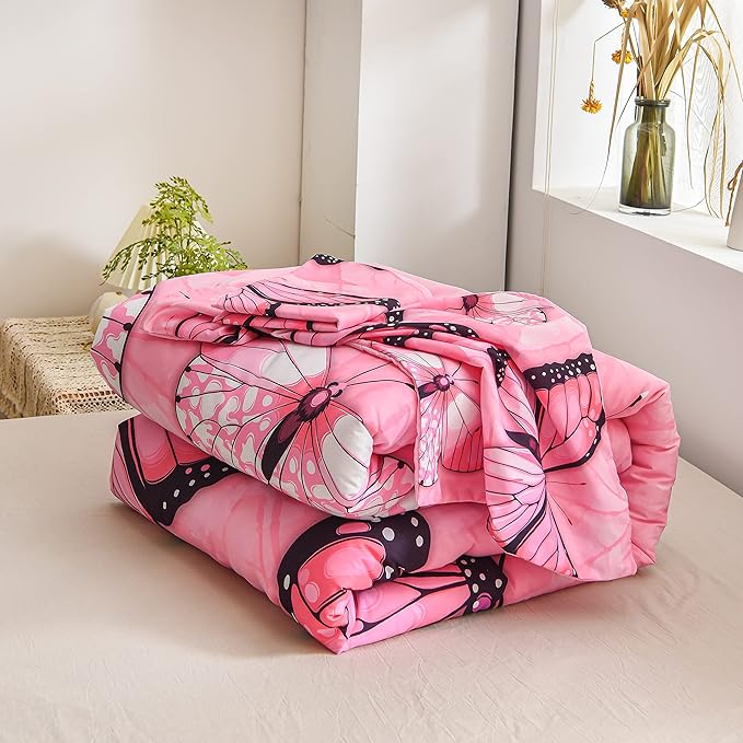 Btargot 3 Piece Pink Butterfly Girls Kids Adults Full Size Comforter Set, Lightweight Soft All Season Bedding Set with 2 Pillowcases