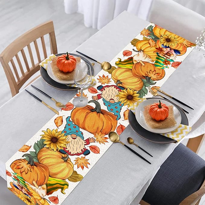Fall Table Runner 72 Inches Long Autumn Table Runner Pumpkins Maple Leaves Gnome Fall Theme Decor for Kitchen Dining Table Home Party Decorations
