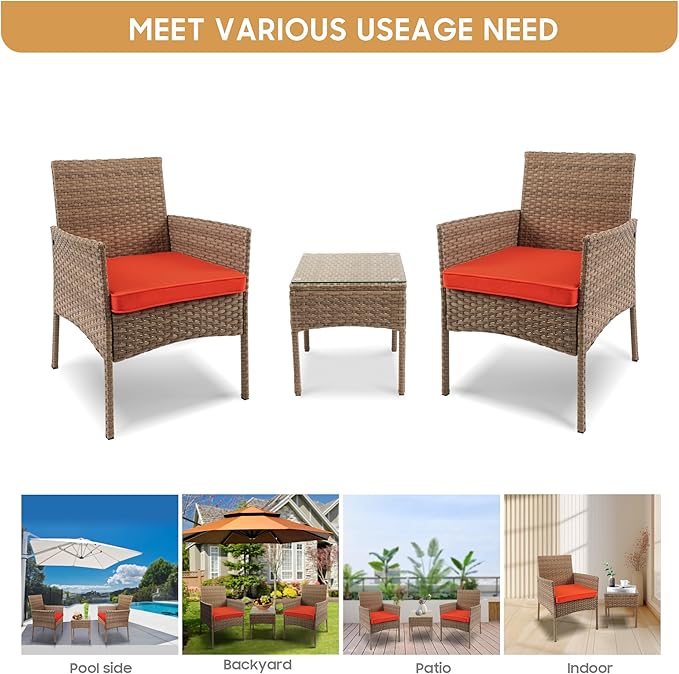 YIYAN 3 Pieces Patio Bistro Set Outdoor Wicker Furniture Outdoor Porch PE Rattan Wicker Chairs Furniture Sets with Sofa Chairs,Glass Coffee Table and Red Washable Cushion