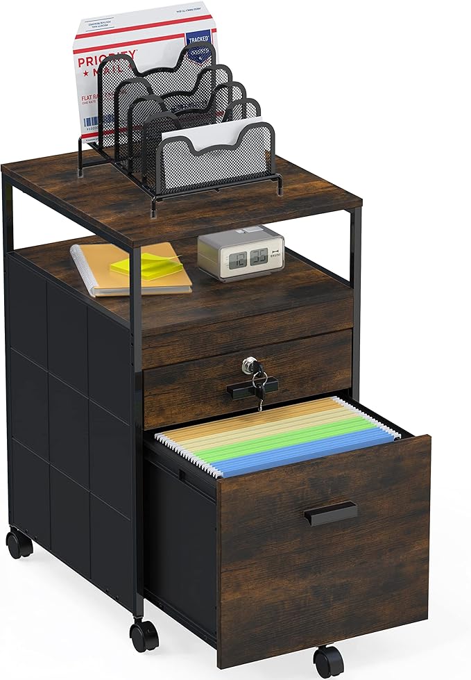 SHW Rolling File Cabinet w/ 2 Drawers & Open Shelf, Rustic Brown