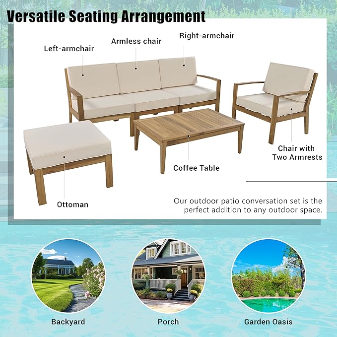 Merax 6-Piece Outdoor Sectional Conversation Sofa Seat Cushions Acacia Wood Frame Furniture Sets with Coffee Table and Ottoman for Garden Backyard Patio and Poolside, Beige