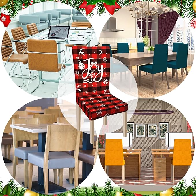 Ganeen 6 Pcs Christmas Chair Covers Merry Christmas Chair Back Cover Stretch Christmas Seat Cover Washable Xmas Dining Chair Protector Slipcover for Dining Room Kitchen Holiday Party(Plaid Style)