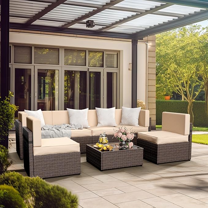 Pamapic 7 Piece Modular Outdoor Sectional, UV Protection Rattan Patio Sectional with Coffee Table, Adjustable Outdoor Couch with Removable Waterproof Cushions Covers(Brown Sugar)