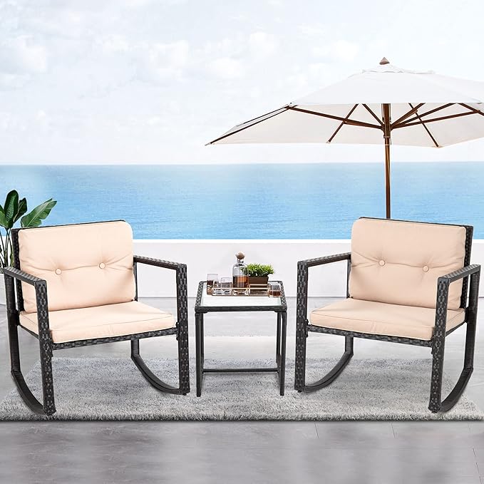 FDW Wicker Patio Furniture Outdoor Bistro Set, Rocking Chair, 3 Piece, Rattan Conversation Set for Backyard Porch Poolside Lawn with Coffee Table,Black