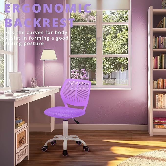 FurnitureR Teens Girls Task Chair 360 Swivel, Low Mid PP Mesh Back Fabric Seat, Height Adjustable, Rolling Castor, W15.7inces x D15.2inces x H29.5-34.2inches (Purple)