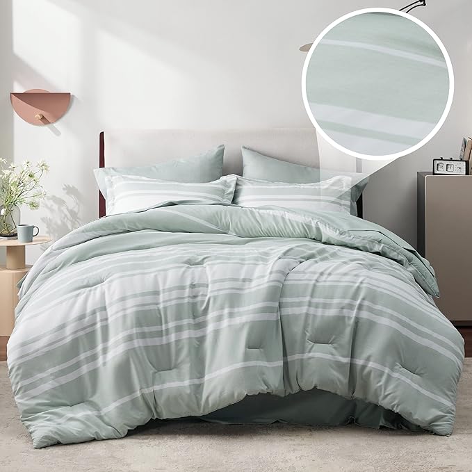 Bedsure Bed in a Bag California King Size 7 Pieces, Sage Green White Striped Bedding Comforter Sets All Season Bed Set, 2 Pillow Shams, Flat Sheet, Fitted Sheet and 2 Pillowcases