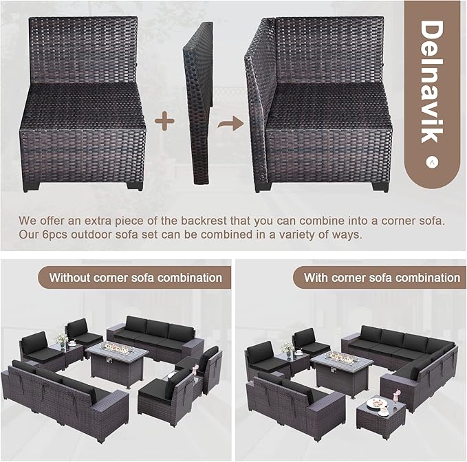 Patio Furniture Sectional Sofa Set 13PCS PE Rattan Patio Conversation Set w/43in Gas Fire Pit Table, Outdoor Furniture with 55000 BTU Propane Fire Pit, Black