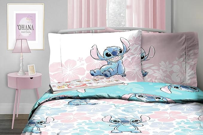 Disney Lilo & Stitch Full Comforter Set - 7 Piece Bedding includes Sheet Set & Pillow Covers - Super Soft Kids Floral Bedding