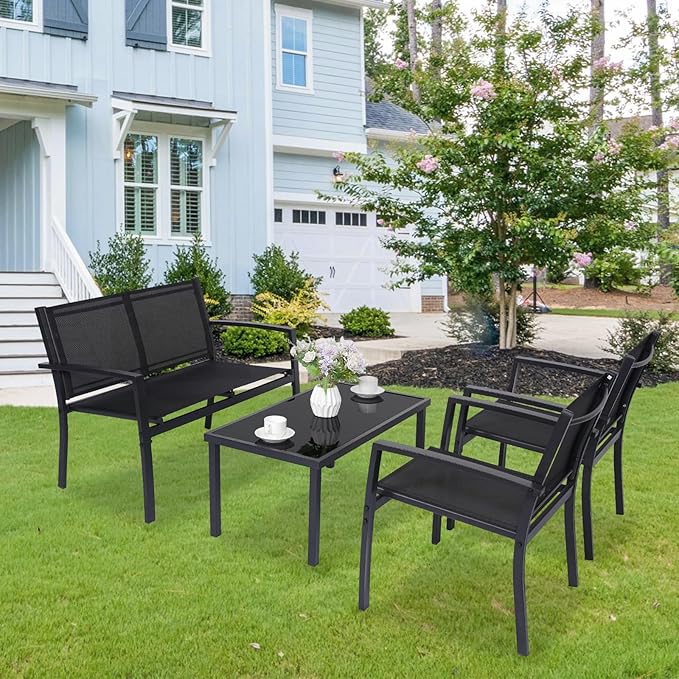 4 Pieces Patio Furniture Set Outdoor Garden Patio Conversation Sets Poolside Lawn Chairs with Tempered Glass Coffee Table Loveseat Porch Furniture Textilene Fabric Black