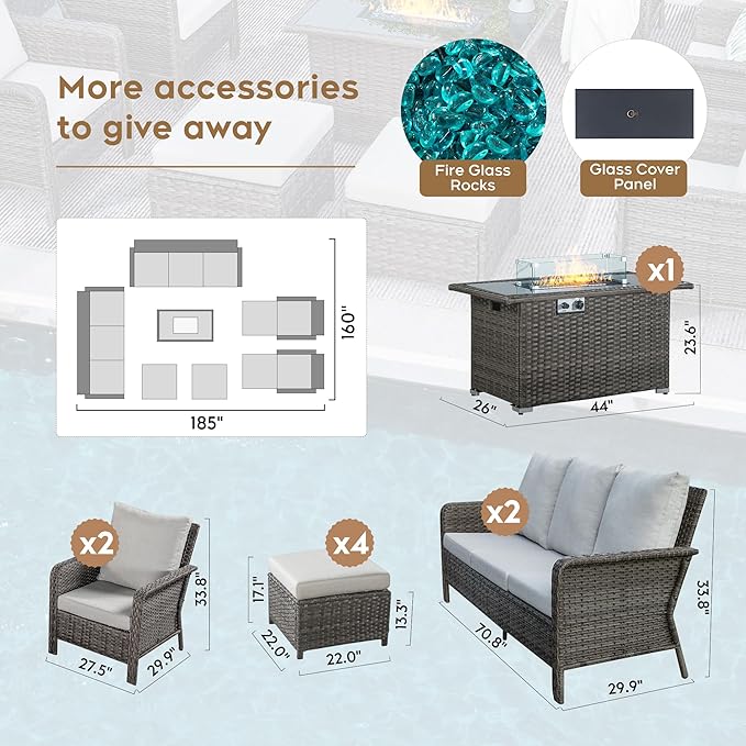 Yechen Patio Conversation Set 10 Seats with 44" Propane Gas Fire Pit Table - 7 Pcs Outdoor Wicker Furniture Set with Lid & Wind Shields - Sectional Sofa Set for Porch,Backyard
