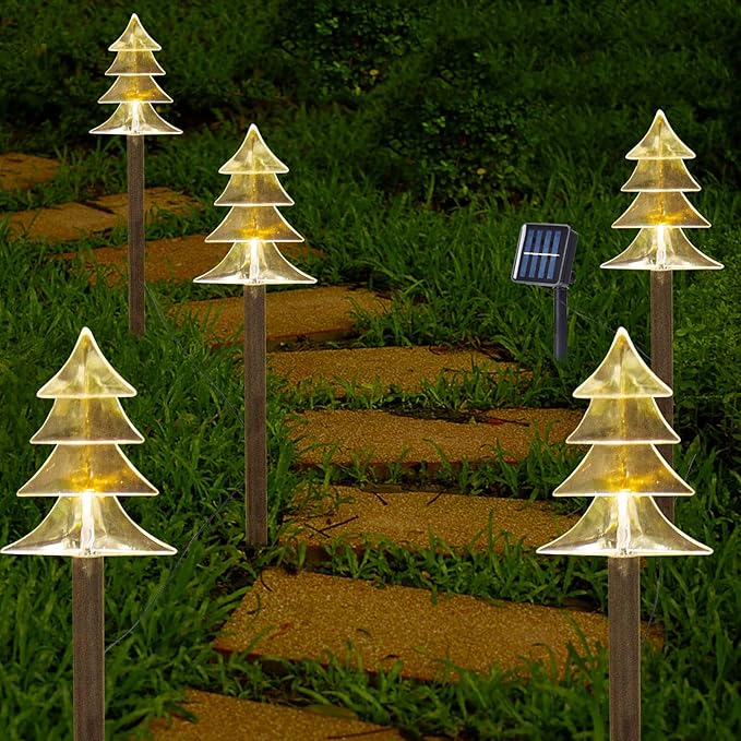BRIGHTDECK Solar Christmas Pathway Lights Outdoor Decorations, Xmas Tree Lights Waterproof Led Garden Stake Lights for Walkway Yard Lawn Porch Holiday Decor 5-Pack (Xmas Tree Lights)