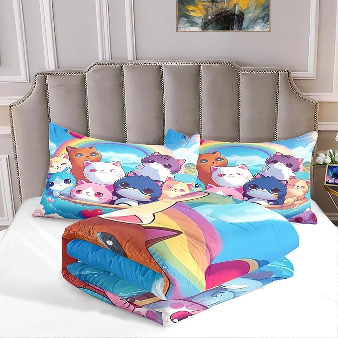 Cat Bedding Set Full Size - Girls Bedding Cute Cat Comforter Set for Girls Kids Teens Soft Breathable Animal Bedding Kid Comforter Set for All Season, 1 Comforter 2 Pillowcase