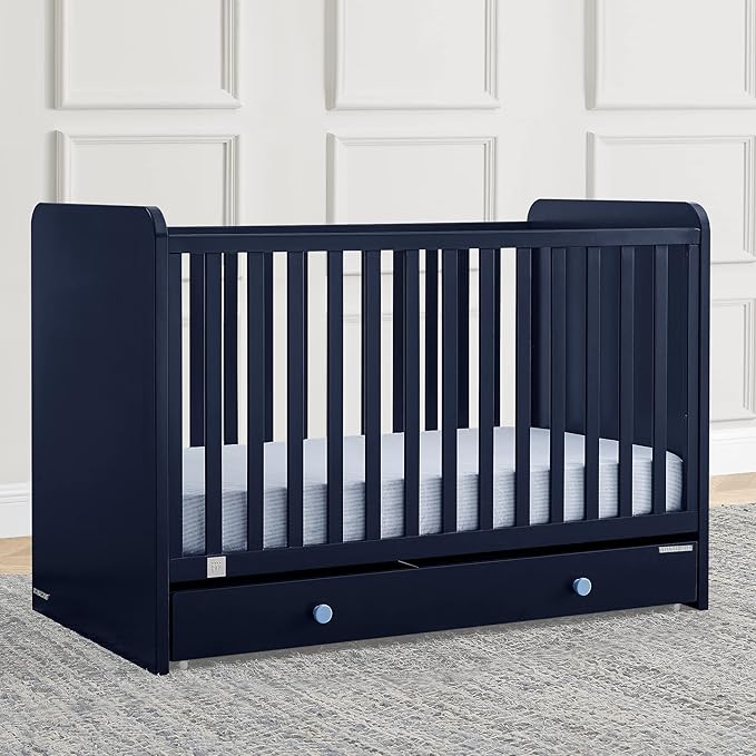 Delta Children babyGap Graham 4-in-1 Convertible Crib with Storage Drawer + Brannan Bear Bookcase with Bins + Brannan Bear Wall Shelf with 4 Hooks, Navy/Light Blue (Bundle)