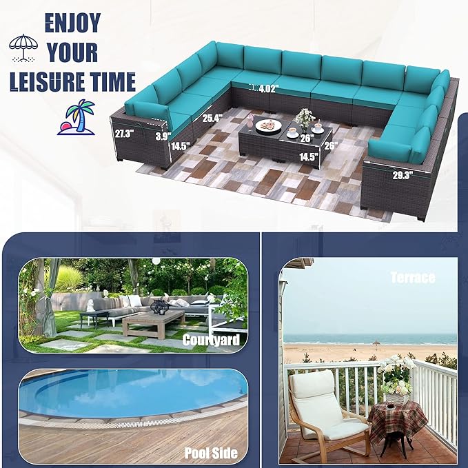 Patio Furniture Set 14-Pieces Outdoor Furniture for Backyard Wicker Sectional Sofa Set, Rattan Patio Conversation Set with Thickened Cushions and Glass Coffee Table, Blue