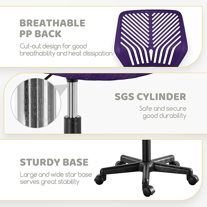 Yaheetech Students Cute Desk Chair Low-Back Armless Study Chair w/Lumbar Support Adjustable Swivel Chair in Home Bedroom School, Purple