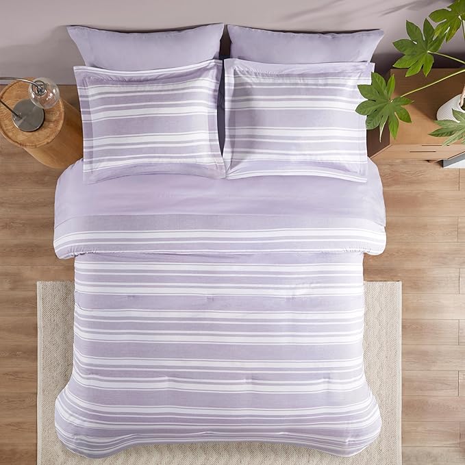 Codi Lavender Purple Queen Comforter Set with Sheets, Striped Bed in a Bag Reversible for All Seasons, Cationic Dyeing Bedding Sets with Comforter, Sheets, Pillowcases & Shams