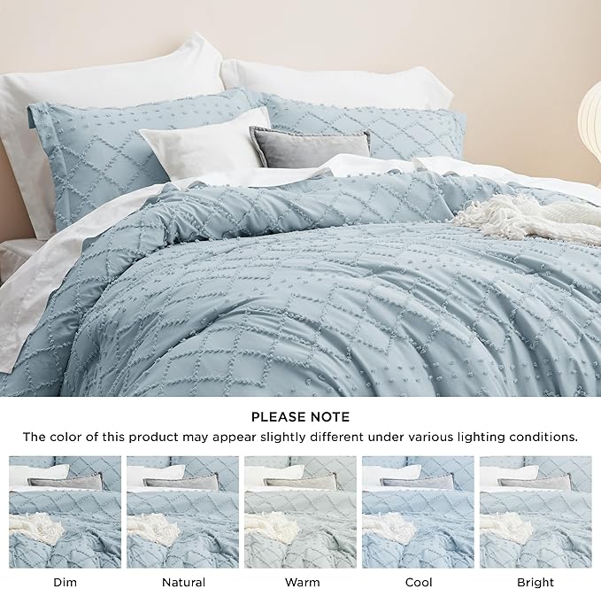 Bedsure Full Size Comforter Set - Dusty Blue Comforter, Boho Tufted Shabby Chic Bedding Comforter Set, 3 Pieces Farmhouse Bed Set for All Seasons, Fluffy Soft Bedding Set with 2 Pillow Shams