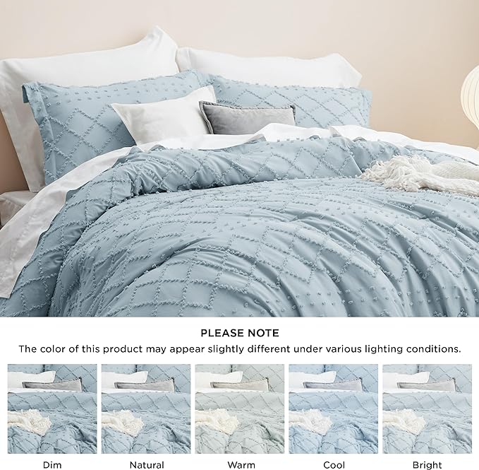 Bedsure King Size Comforter Set - Dusty Blue Comforter, Boho Tufted Shabby Chic Bedding Comforter Set, 3 Pieces Farmhouse Bed Set for All Seasons, Fluffy Soft Bedding Set with 2 Pillow Shams