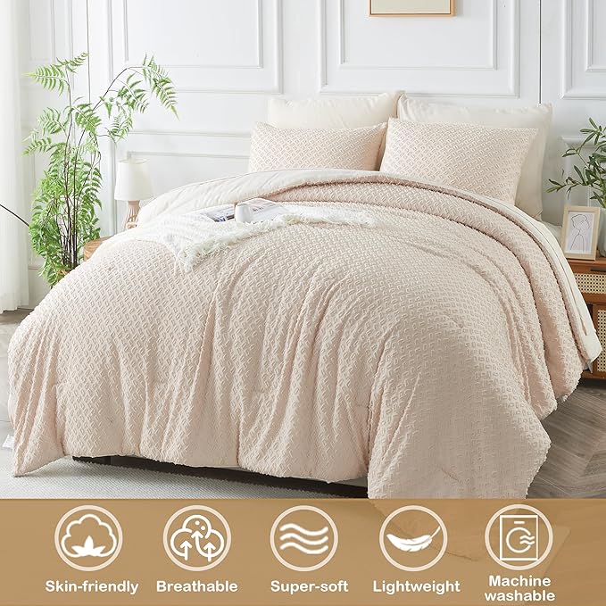 Queen Size Kids Comforter Set for Girls 7 Piece Beige Boho Tufted Kids Bedding Set for Boys Bed in A Bag Quilt Set with 1 Comforter,1 Flat Sheet, 1 Fitted Sheet, 2 Pillowcase and 2 Pillow Sham