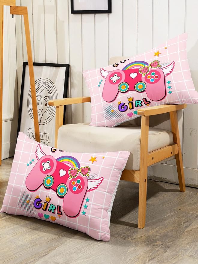 Datura home Bedding Comforter Set Pink Gamepad Printed Pattern Quilt with 1 and 2 Pillowcases for Girls Bedroom All Season(Pink Twin) Twin 68x86inches