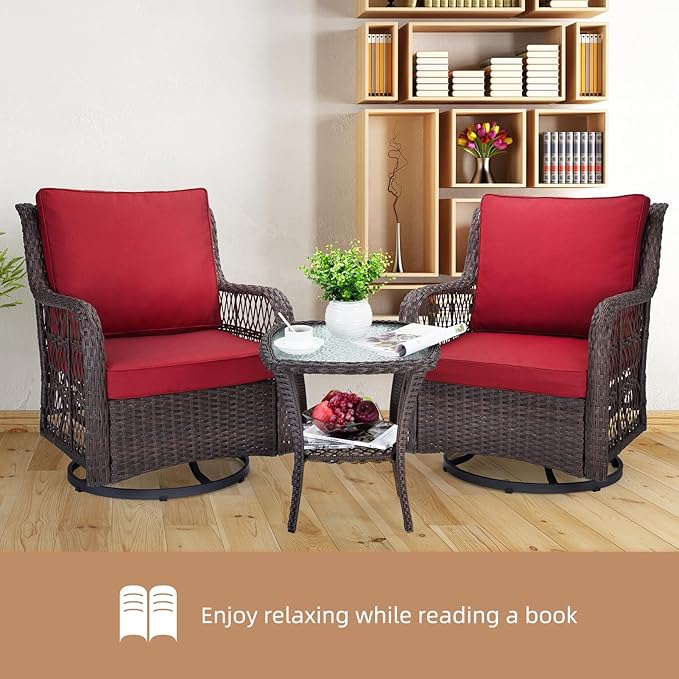 IDEALHOUSE 3 Pieces Outdoor Wicker Swivel Rocker Patio Set, 360-Degree Swivel Rocking Chair Elegant Wicker Patio Bistro Set with Tempered Glass Top Side Table (Red)