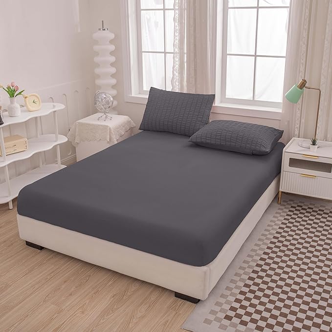 Grey Queen Size Comforter Sets for Boys Men Boho Dark Grey Seersucker Bedding Set 5 Pieces-Microfiber Lightweight All Season Comforter Set for Bedding(90x90In Comforter)