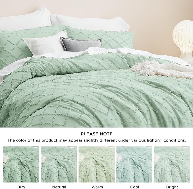 Bedsure Twin/Twin XL Comforter Set - Green Boho Twin Extra Long Comforter Set for College, Shabby Chic Dorm Bedding Set, 2 Pieces Modern Farmhouse Bed Set, includes 1 Pillow Sham