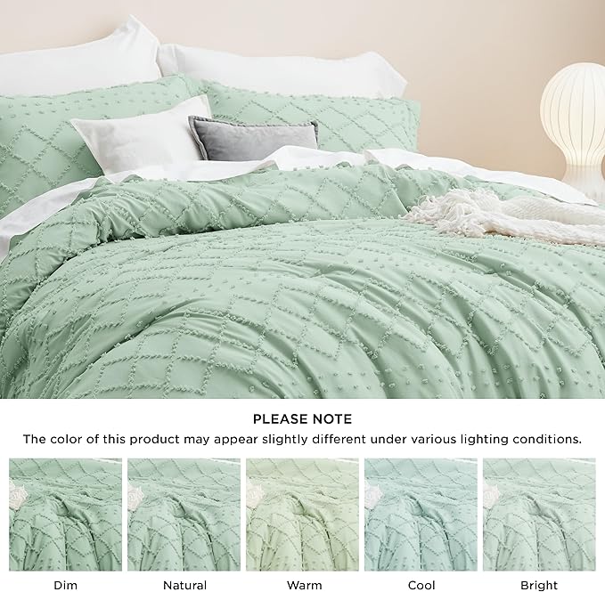 Bedsure Full Size Comforter Set - Green Comforter, Boho Tufted Shabby Chic Bedding Comforter Set, 3 Pieces Vintage Farmhouse Bed Set for All Seasons, Fluffy Soft Bedding Set with 2 Pillow Shams