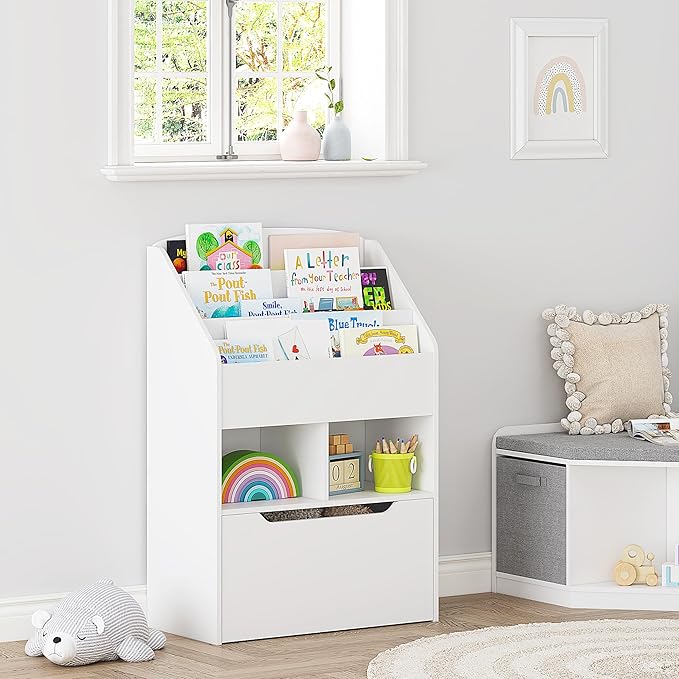 UTEX Bookshelf for Kids, Wooden Book Display, Kids Bookshelf and Toy Storage, Children Book Rack Bookcase Toybox Combo for Bedroom & Nursery, White