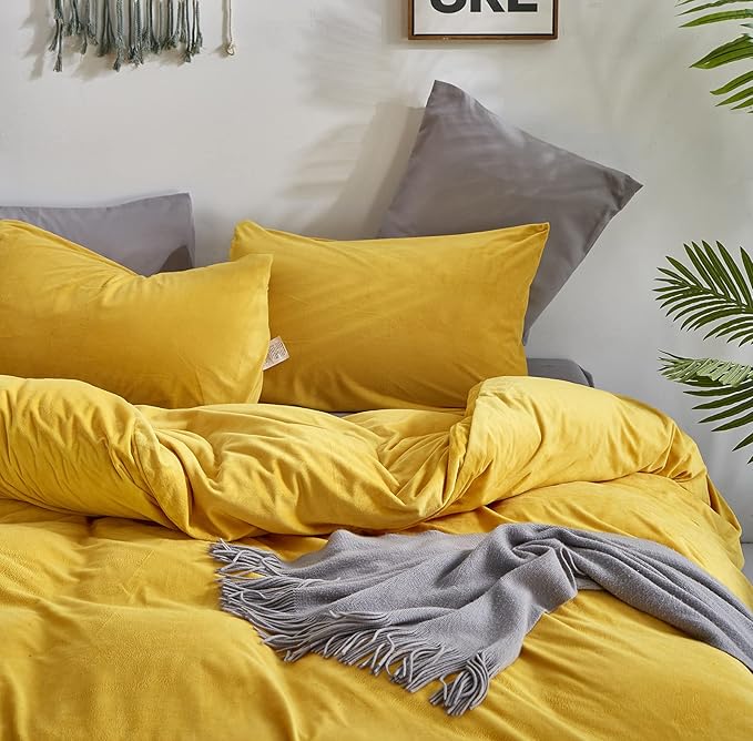 Wellboo Mustard Velvet Comforter Sets California King Women Turmeric Yellow Fluffy Bedding Comforters Cal King Teen Girls Dark Yellow Plush Quilts Soft Warm Winter Flannel Blankets Solid Yellow Bed