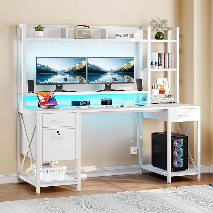 YITAHOME Computer Desk with Drawers & Hutch, 59.1" Office Desk with LED Lights & Power Outlets, Gaming Desk with Monitor Stand & Storage Shelves, White