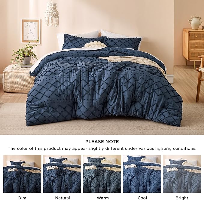 Bedsure California King Comforter Set - Navy Comforter, Boho Tufted Shabby Chic Bedding Comforter Set, 3 Pieces Farmhouse Bed Set for All Seasons, Fluffy Soft Bedding Set with 2 Pillow Shams