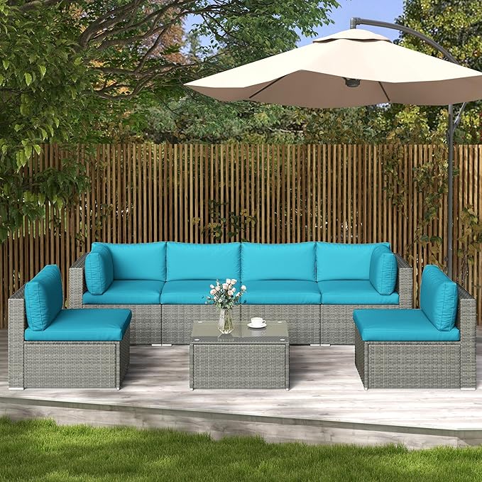 SUNVIVI OUTDOOR 7 Piece Patio Furniture Sets All Weather Grey PE Wicker Couch Sofa with Glass Table, Removable Blue Cushions