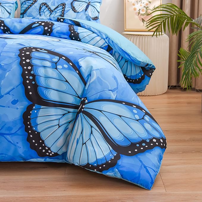 Btargot 3 Piece Blue Butterfly Girls Kids Adults Queen Size Comforter Set, Lightweight Soft All Season Bedding Set with 2 Pillowcases