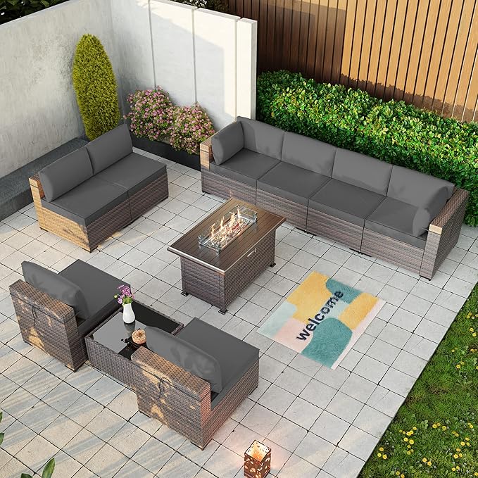 Kullavik 10 Pieces Outdoor Patio Furniture Set with 43" Gas Propane Fire Pit Table PE Wicker Rattan Sectional Sofa Patio Conversation Sets,Grey