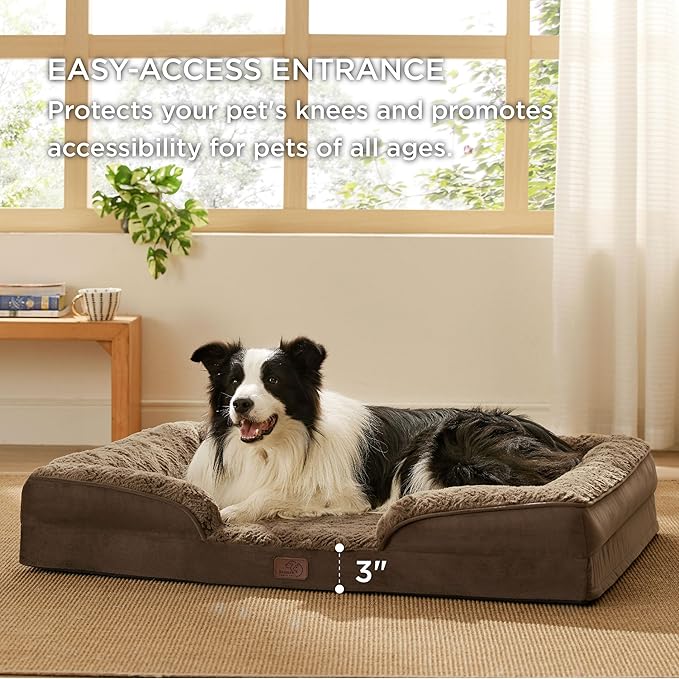 Bedsure Orthopedic Dog Bed for Large Dogs - Calming Dog Sofa Beds Large with Luxurious Plush, Big Pet Couch Bed with Removable Washable Cover, Waterproof Lining and Nonskid Bottom, Brown