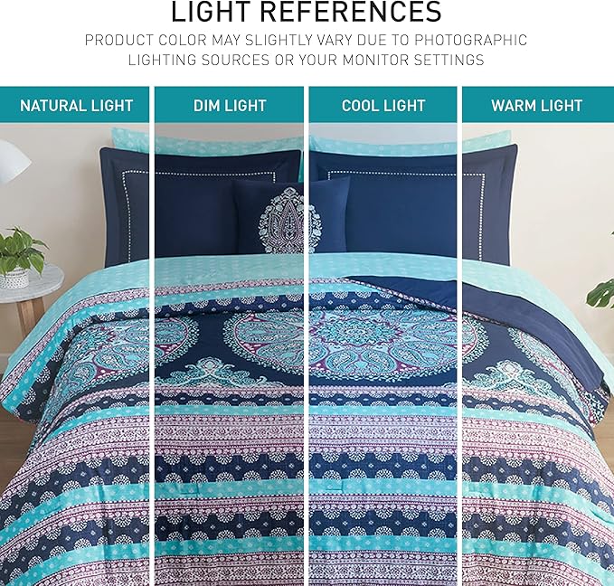 Degrees of Comfort Full Size Comforter Sets with Sheets, Blue Boho Mandala Teenage Girl Bedding, Bohemian Bed in A Bag, Microfiber Bed Set 8 Piece, Matching Decorative Pillow, Navy