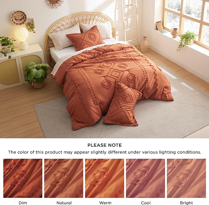 Bedsure Boho Comforter Set Full - Terracotta Tufted Bedding Comforter Set, 3 Pieces Farmhouse Shabby Chic Embroidery Bedding Set, Soft Geometric Pattern Comforter for All Seasons