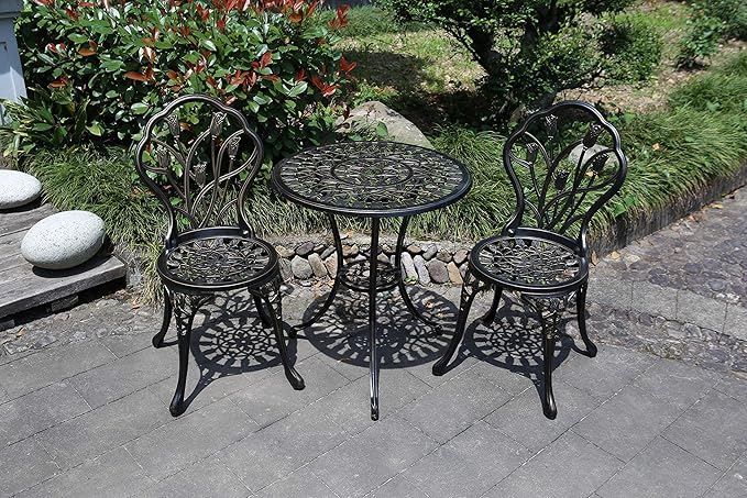 CG 3 Piece Bistro Set, Outdoor Patio Set, Anti-Rust Cast Aluminum Bistro Table Set for Park Yard Front Porch Furniture, Tulip, Antique Copper