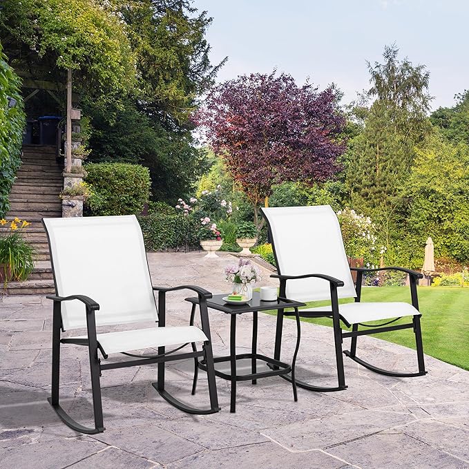 Shintenchi 3 Piece Rocking Bistro Set, Outdoor Furniture with Rocker Chairs and Glass coffee table set of 3, Balcony, Porch Furniture for Small Space, White
